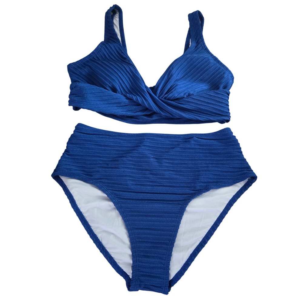 CUPSHE Royal Blue Ribbed Twist Front High Waisted Bikini Set Medium NWT